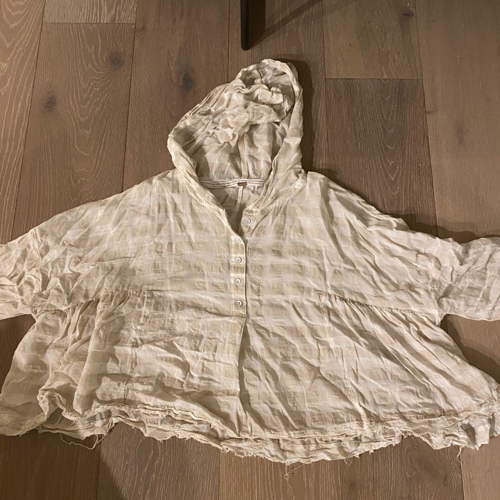 FREE PEOPLE Cream Plaid Hooded Top